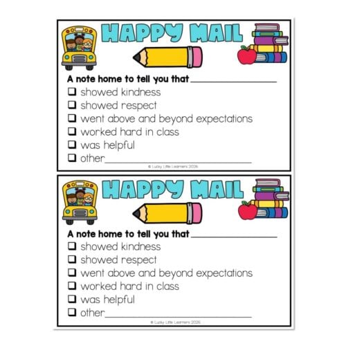 Happy Mail worksheet for teachers and students, featuring a school bus, pencil, books, and apple, designed to encourage positive behavior and communication in the classroom.
