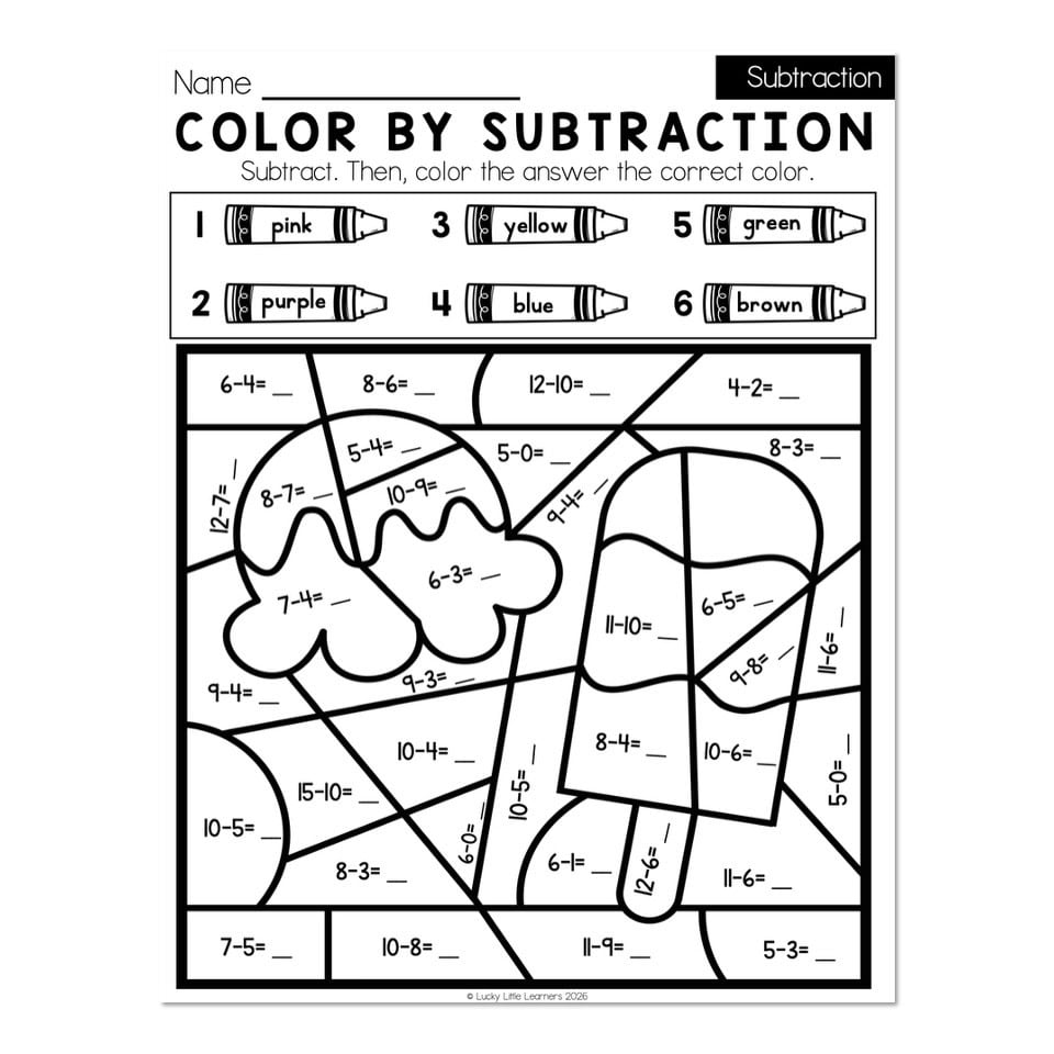 Kindergarten Monthly Worksheets - Basic Subtraction - May - Color by ...
