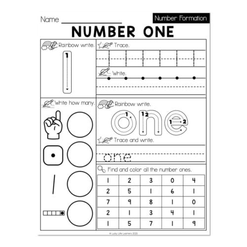 Kindergarten Monthly Worksheets - Number Formation - September - Writing One 1