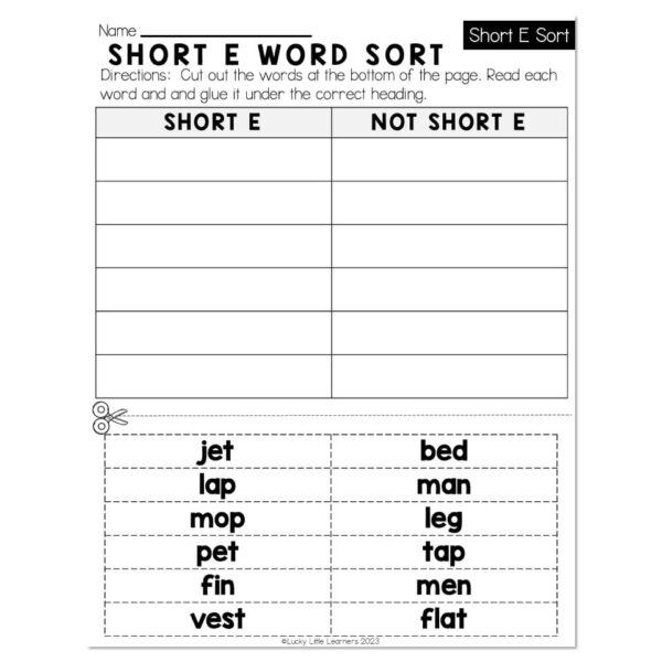 Lucky to Learn Phonics - Short E - Word Sort - Lucky Little Learners