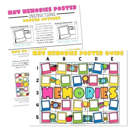 May Memories Poster and Guide for kids, featuring colorful squares, photos, and fun icons to help children organize and remember special moments, with engaging visuals and educational content.
