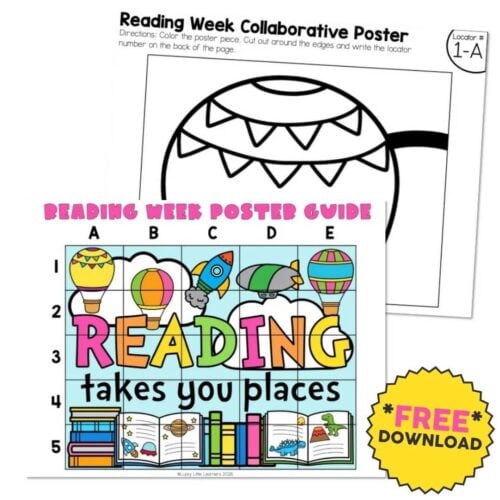 A colorful reading week poster featuring a hot air balloon, rocket, and various books, emphasizing reading locations and promoting free download for early childhood education.