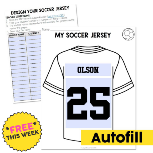 A colorful soccer jersey with the name "Olson" and the number "25" printed on it, designed for children, featuring an autofill label and a fun, engaging layout.