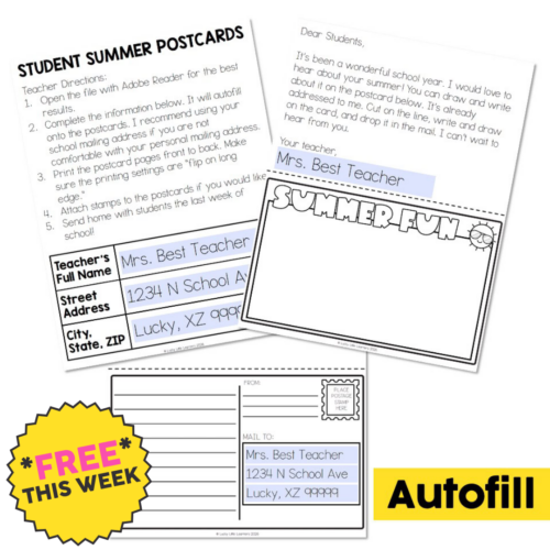 A detailed, colorful summer-themed postcard for teachers and students, featuring space for personalized messages, teacher's name, address, and a fun "Summer Fun" header, ideal for summer communicatio.