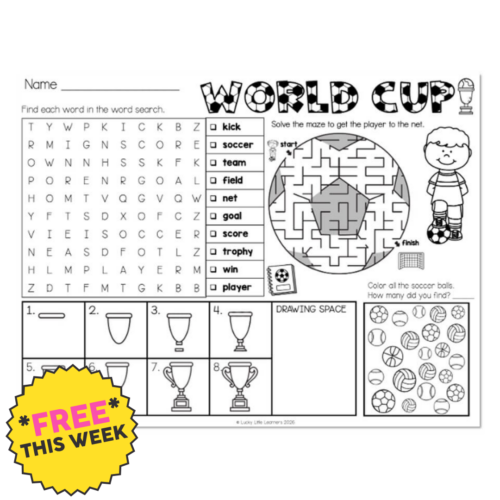 Educational soccer-themed word search puzzle for kids featuring soccer ball illustrations, trophies, and a fun "FREE THIS WEEK" badge, designed to enhance vocabulary and spelling skills.