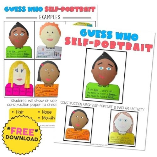 A colorful self-portrait activity sheet for students to draw or use construction paper to create self-portraits, featuring fun illustrations, prompts about personal traits, and a free download badge,.