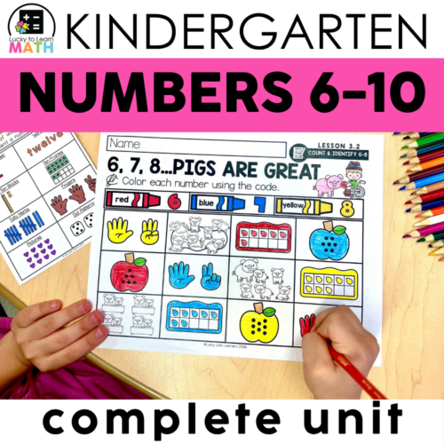 A colorful kindergarten worksheet for numbers 6-10, featuring engaging activities like coloring, counting, and identifying numbers with illustrations of pigs, apples, and crayons, designed for early.