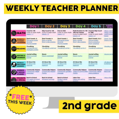 Weekly teacher planner for 2nd grade with daily activities in math, phonics, reading, writing, social-emotional learning, science, and holidays, designed for classroom organization and lesson plannin.