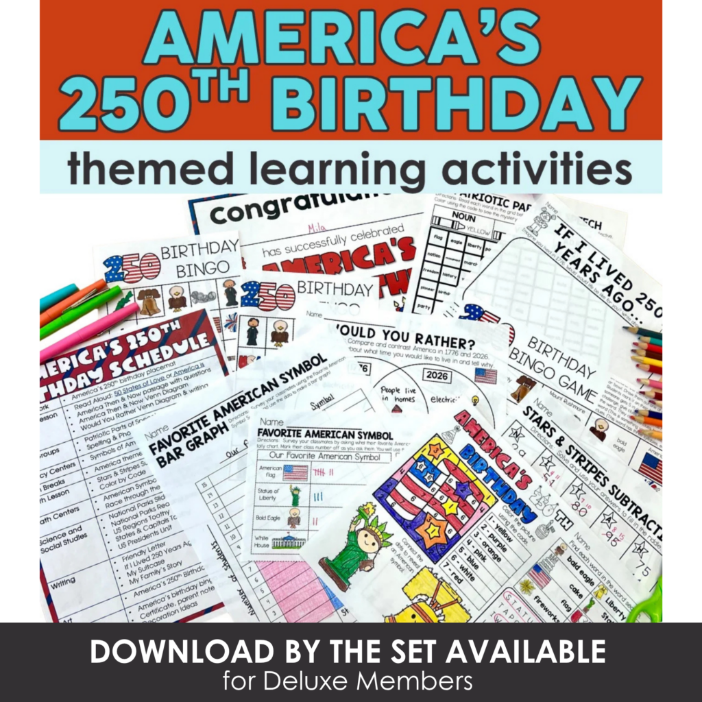 America's 250th birthday themed learning activities including bingo, graphing, and craft worksheets for educational celebrations.