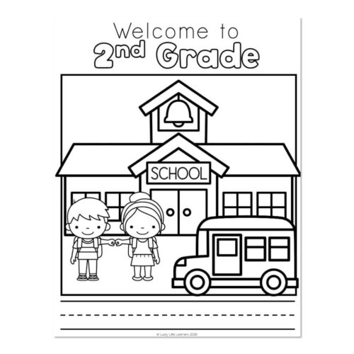 Black and white coloring page featuring a school building with a bell, two children holding hands, and a school bus, with the text 'Welcome to 2nd Grade' at the top.