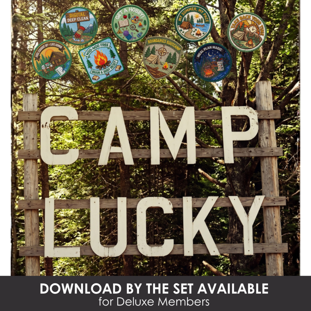 Camp Lucky sign with wooden letters and colorful badges hanging from trees, representing outdoor activities and adventure for kids and families at Lucky Little Learners.