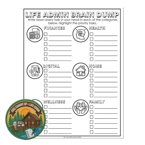 A detailed life admin brain dump worksheet with categories for finances, health, digital, home, wellness, and family, featuring icons and checkboxes for task organization and prioritization.