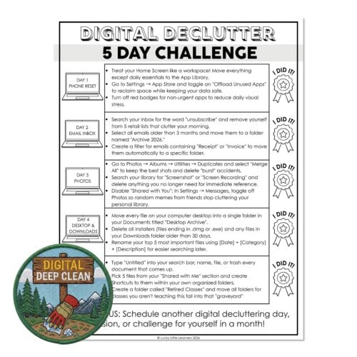 Treat your homeschool or classroom with this 5-day digital declutter challenge to organize files, delete unnecessary data, and create a tidy digital workspace for stress-free learning.