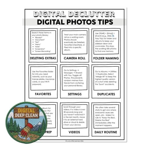 Search tips for digital declutter and photo organization, including camera roll, folder naming, favorites, settings, duplicates, videos, and daily routine for efficient digital photo management.