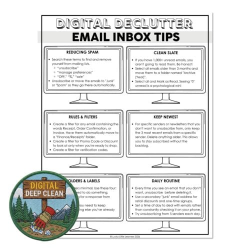 Search these email inbox tips for digital declutter, reducing spam, managing filters, and staying organized with Lucky Little Learners' printable resources for teachers and parents.
