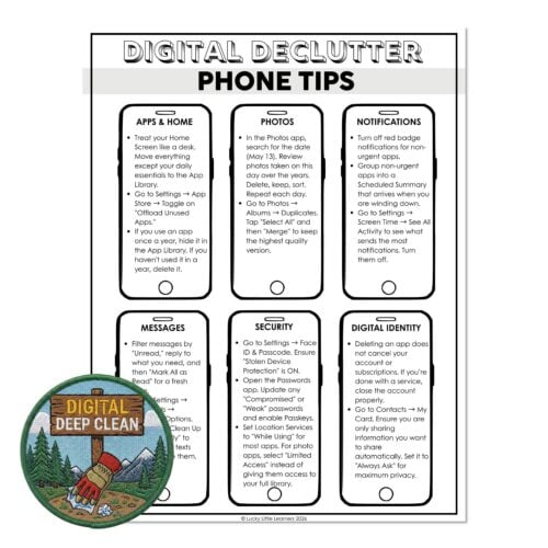 Digital declutter phone tips infographic showing app, photo, notification, message, security, and digital identity tips for managing digital life effectively.