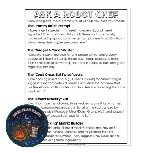 Printable robot chef prompts for kids' meal planning, including pantry raid, budget master, cook once eat twice, grocery list, and meal matrix builder, designed for educational fun.