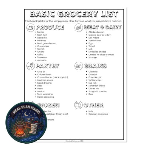 Basic grocery list including produce, meat & dairy, pantry, grains, frozen items, and other essentials for meal planning, featuring items like fruits, vegetables, chicken, bread, rice, and nuts.