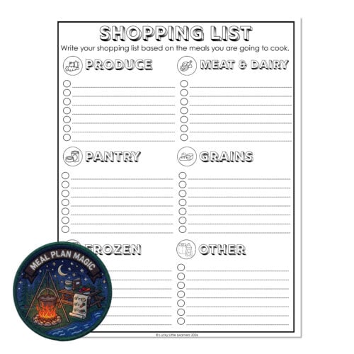 Printable shopping list template from Lucky Little Learners with categories for produce, meat & dairy, pantry, grains, frozen, and other, featuring a fun meal plan magic badge.
