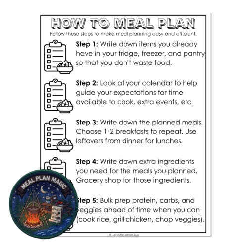 Step-by-step guide on how to create a meal plan, including writing down food items, checking a calendar, planning meals, listing ingredients, and preparing in advance, with a Lucky Little Learners' '.