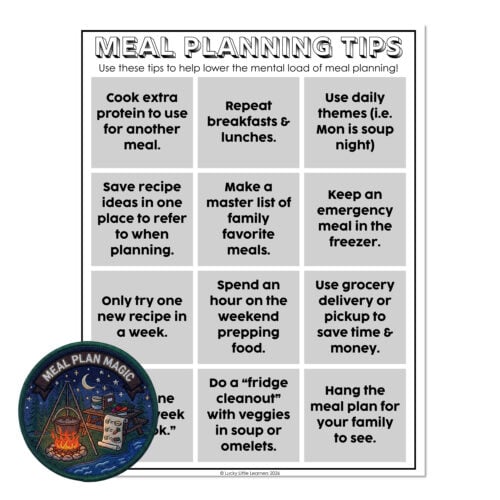 Meal planning tips infographic with advice on meal prep, recipe ideas, and grocery shopping to reduce stress and save money, featuring a Lucky Little Learners logo.