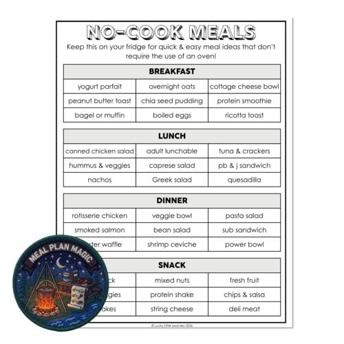 Printable no-cook meal plan for kids featuring breakfast, lunch, dinner, and snacks with easy, healthy options for quick meal prep at home.