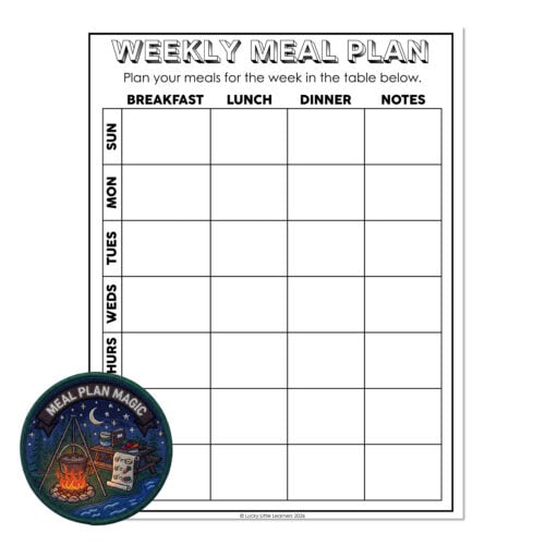 Weekly meal plan template with columns for breakfast, lunch, dinner, and notes, featuring a Lucky Little Learners badge with a camping scene and moonlit night background.