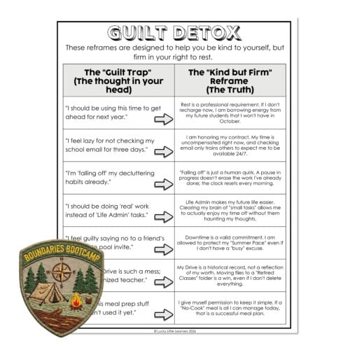 Guilt Detox chart with tips for mental health and self-care, including reframing thoughts and managing guilt, designed for educational and personal growth purposes.