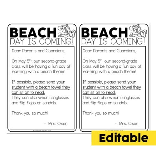 Beach day announcement letter for second-grade students, inviting parents to send beach towels for a fun classroom activity, with editable text for customization.