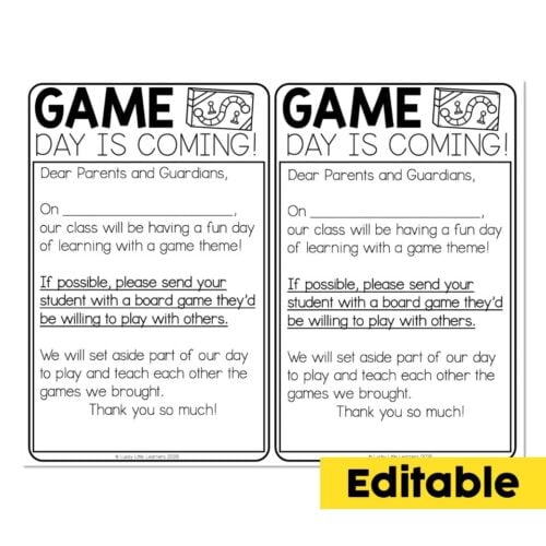 A detailed classroom notice for parents about a game-themed learning day, emphasizing student engagement and the importance of sending students with board games, designed for educational settings.