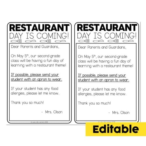 A colorful, editable classroom flyer announcing a restaurant-themed learning day for second-grade students on May 5th, encouraging parents to send aprons and notify allergies.