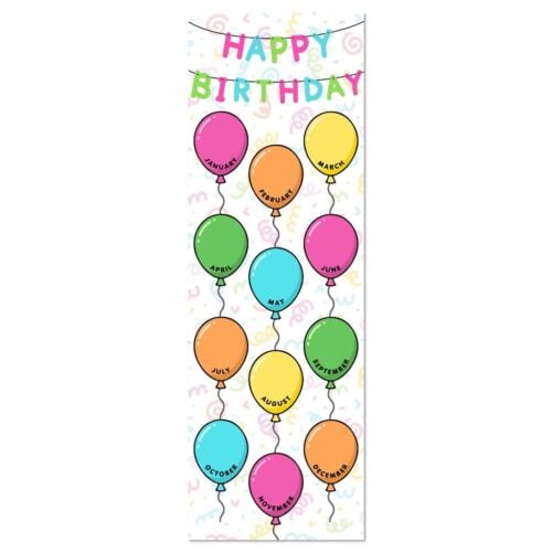Colorful birthday banner with balloons representing each month from January to December, perfect for classroom or party decor.