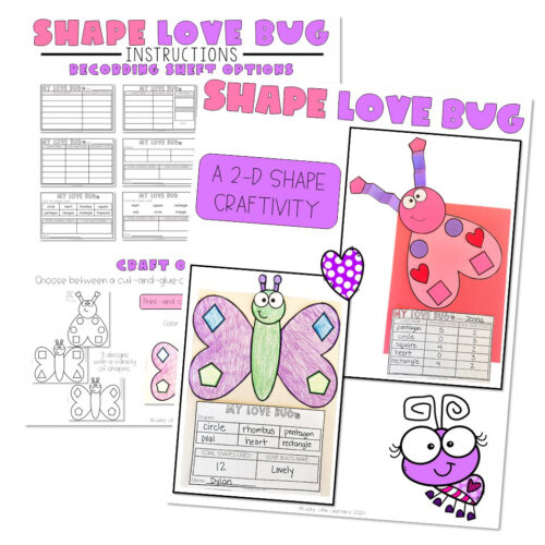 Colorful shape love bug craft project for kids, featuring a 2D butterfly and ladybug with vibrant colors and heart and circle shapes, perfect for classroom activities.