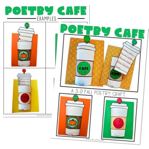 Colorful classroom display featuring DIY coffee cup crafts with fall-themed and poetry cafe designs, perfect for hallway decor and student engagement.
