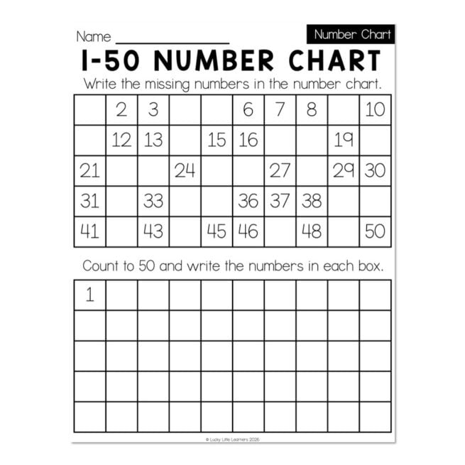 Kindergarten Monthly Worksheets - Math - Number Charts - March - 1-50 ...