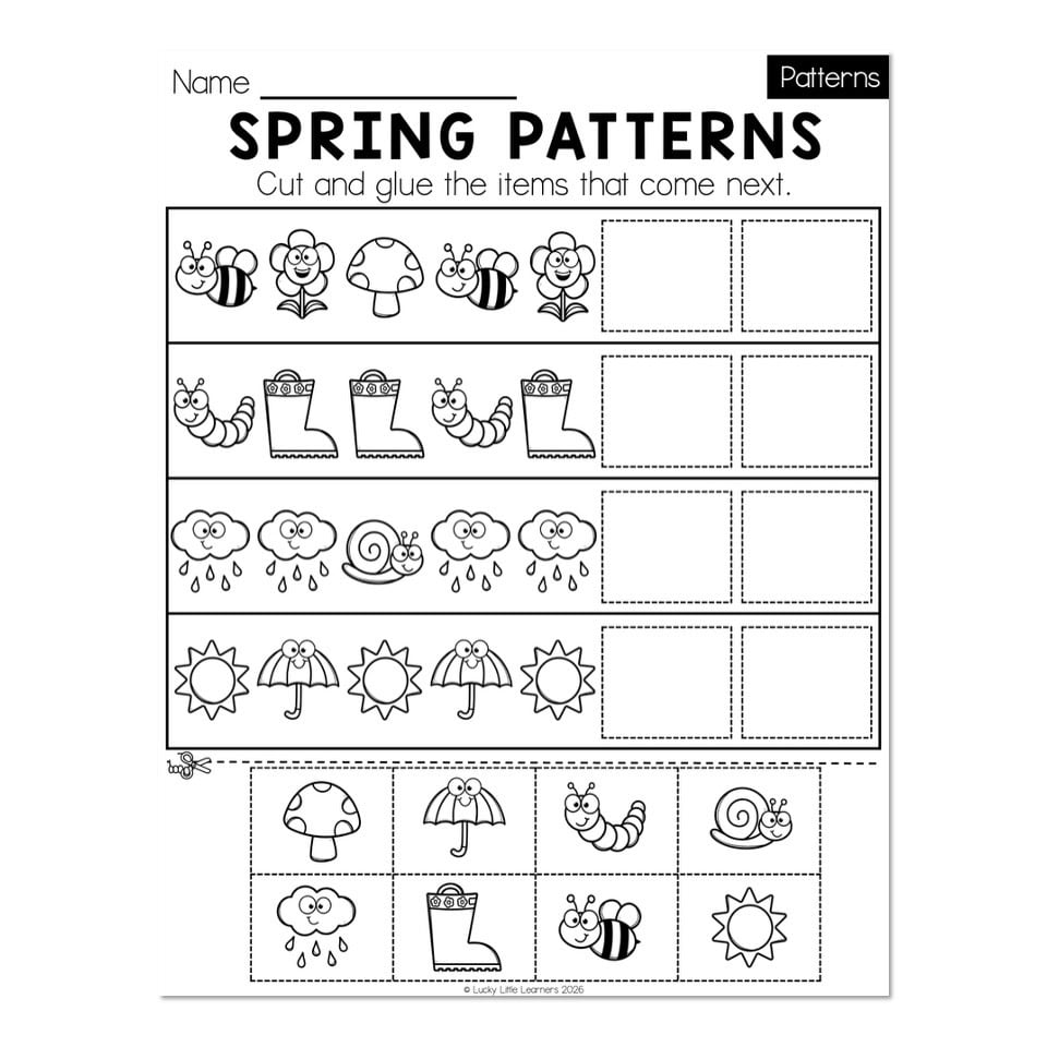 Kindergarten Monthly Worksheets - Math - Patterns - April - Spring ...
