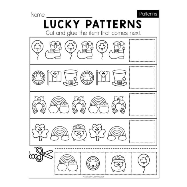 Kindergarten Monthly Worksheets - Math - Patterns - March - Lucky ...
