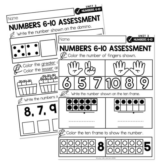 Lucky to Learn Math - Kindergarten - Unit 3 - Numbers 6-10 - Assessment ...