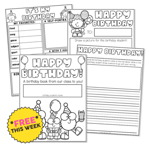 Black and white printable birthday book pages for kids, including sections for favorites, self-portrait, wishes, and drawing a birthday picture, designed for classroom activities.