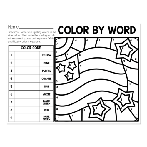 Color by Word worksheet featuring a patriotic flag with stars and stripes, designed for 4th of July spelling practice, from Lucky Little Learners. Perfect for summer learning activities.