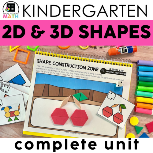 Educational activity for kindergarteners learning 2D and 3D shapes with shape construction zone worksheet, colorful markers, and geometric shape cutouts for hands-on learning.