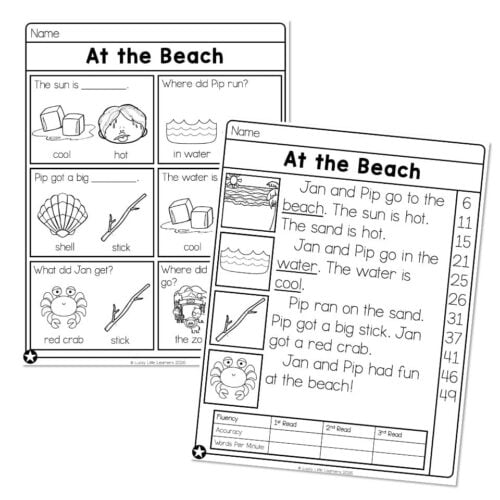Educational reading fluency passages for 1st grade students about the beach, featuring simple sentences and illustrations of beach scenes, crabs, and children.