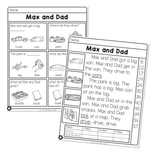 Educational worksheet titled 'Max and Dad' featuring illustrations of a truck, van, park, log, snacks, and a map, designed for young children to practice reading and comprehension skills.