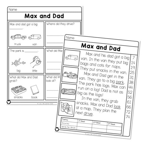 Educational worksheet titled 'Max and Dad' featuring activities about a trip, including a story about Max and his dad's van, a park visit, and snack planning, designed for early learners.