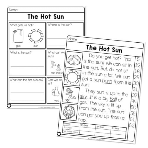 Educational worksheet titled 'The Hot Sun' with illustrations and questions about the sun, hot weather, and sun safety for young learners.