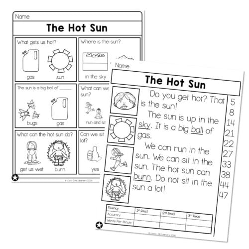 Educational worksheet titled 'The Hot Sun' with illustrations and questions about the sun, heat, and outdoor activities, designed for young learners to understand weather concepts.