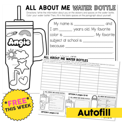 All About Me Water Bottle activity sheet for kids, featuring spaces to fill in personal details, favorite colors, and subjects, designed for educational and fun learning.