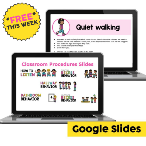 Classroom Procedures Sample Google Slides showing behavior management strategies for teachers, including quiet walking, hallway, bathroom, outdoor recess, and classroom behavior tips.