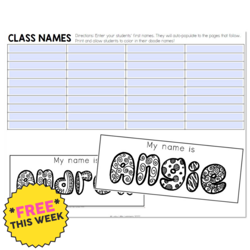 Classroom setup with name doodle sheets for back to school, featuring a sample name 'Alyse' in decorative letters, and a free sticker for students this week.