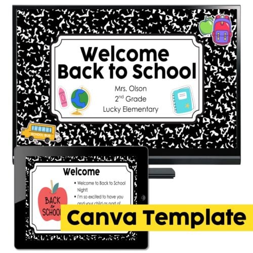 Welcome back to school sign for Mrs. Olson's 2nd grade class at Lucky Elementary, featuring school supplies and backpacks, ideal for open house or meet the teacher events.